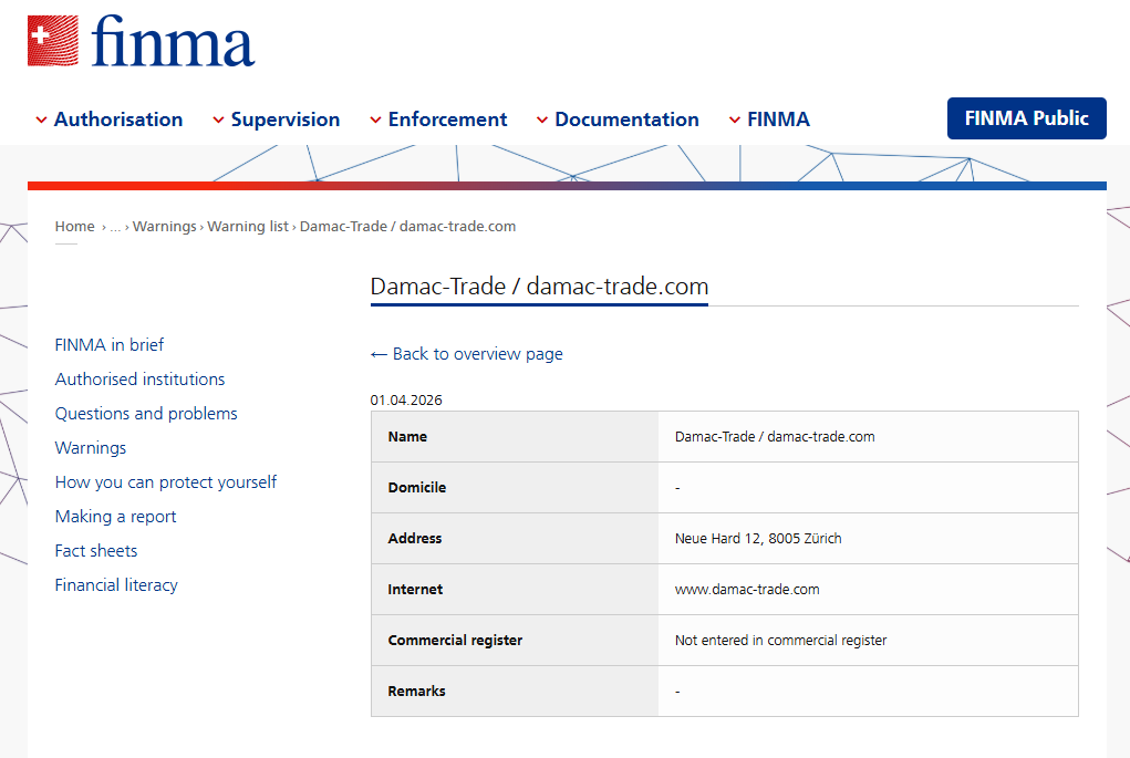 Damac Trade FINMA Warning