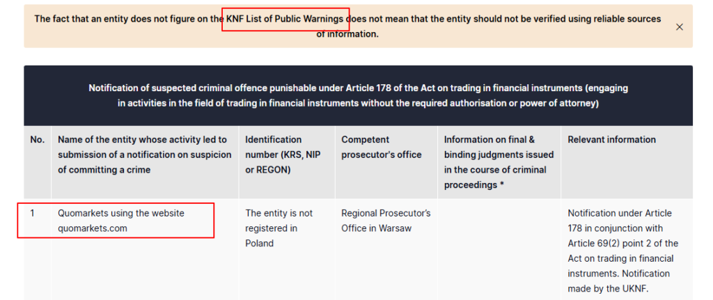 QuoMarkets knf warning
