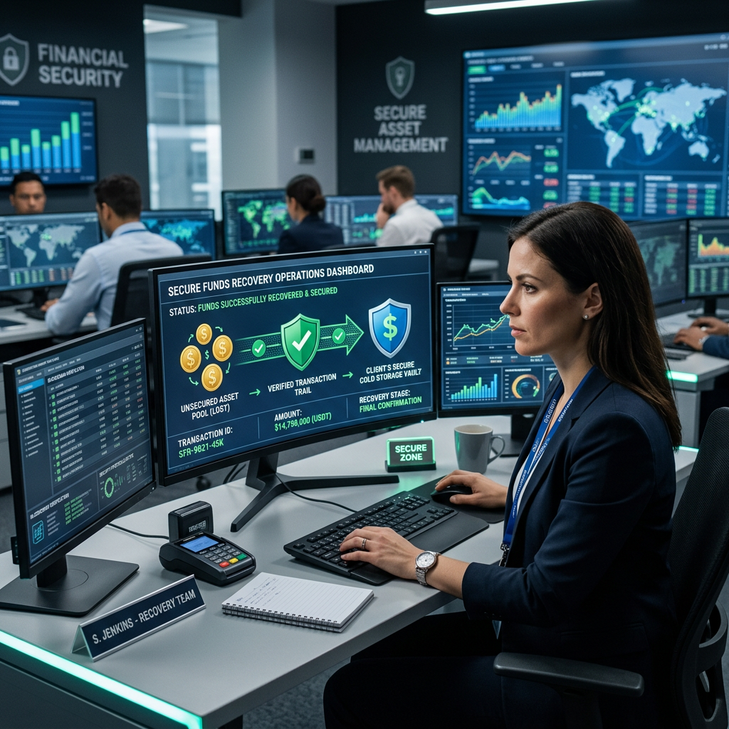 Financial security analyst at desk with multiple monitors showing secure funds recovery dashboard and data charts