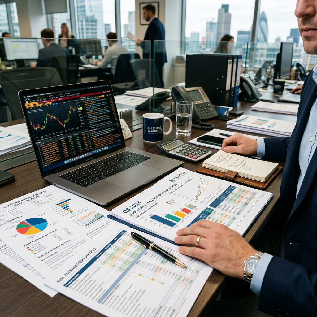 Desk with laptop showing stock market charts, financial reports, calculator, and notebook