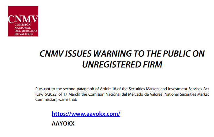 AAYOKX CNMV Warning