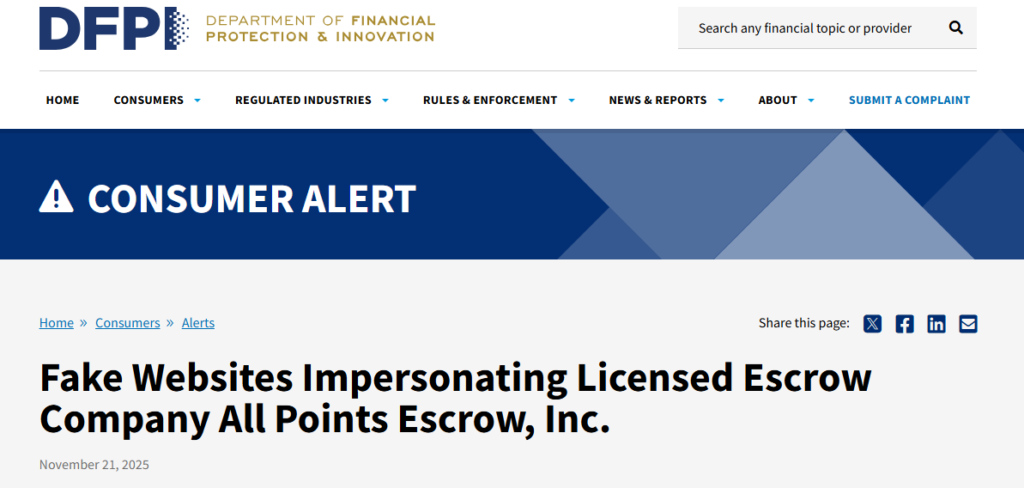 Allpointsescrow.org DFPI Warning