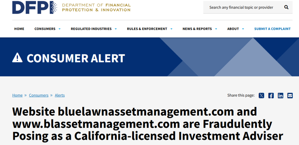 Bluelawnassetmanagement.com DFPI Warning
