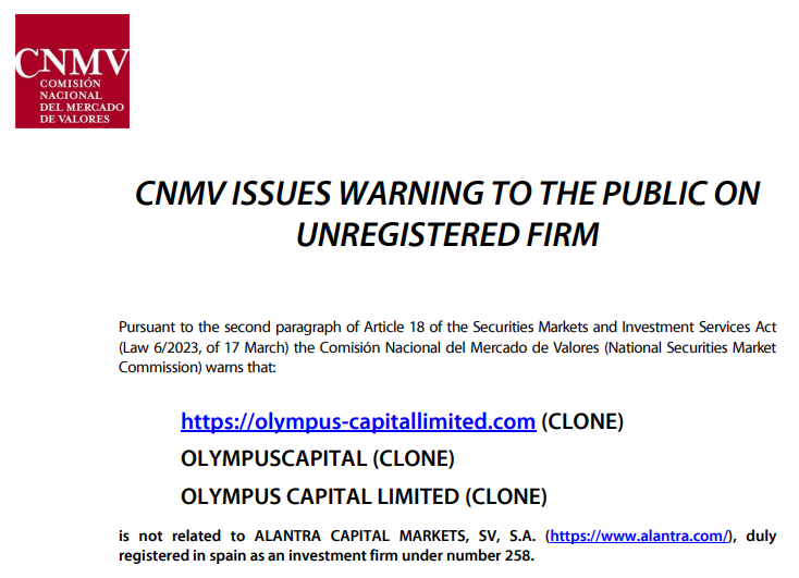 CNMV Warning