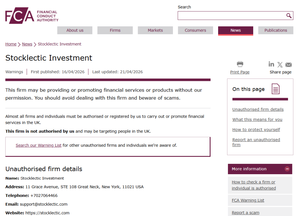 Stocklectic-Investment-FCA-warning